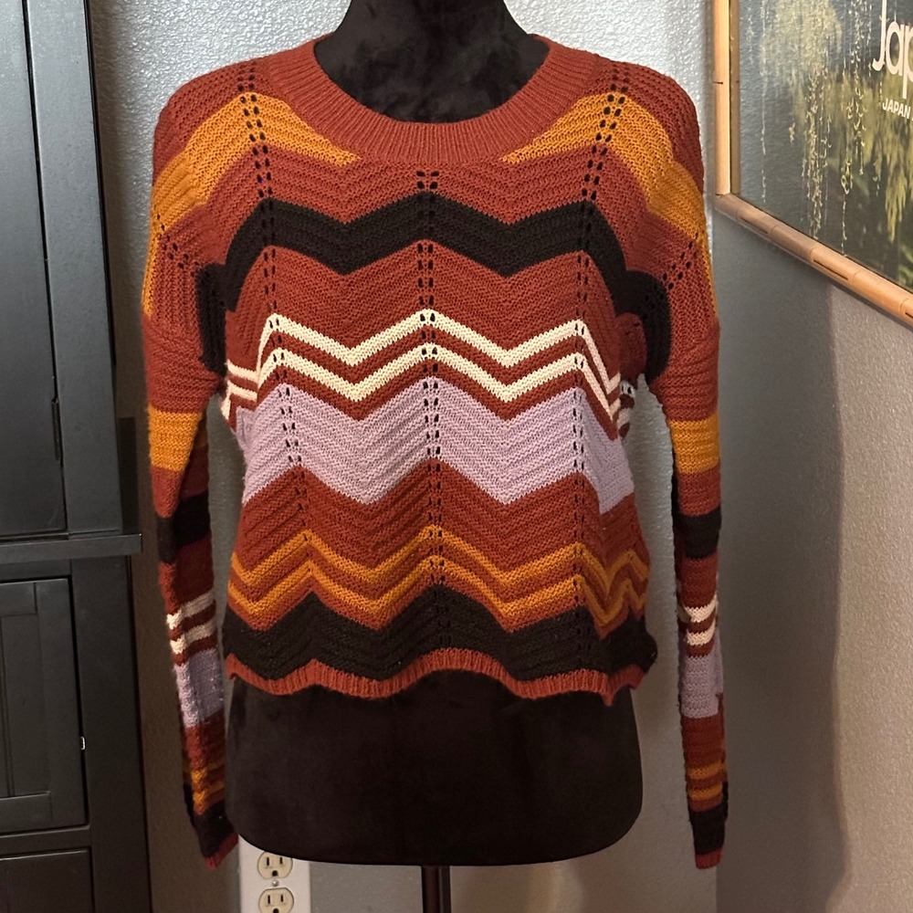 Full Circle Trends Chevron Colorblock Knit Sweater Cropped Boho Festival Y2K